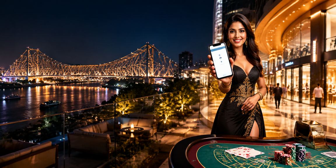 Night view of Howrah Bridge in Kolkata with casino background